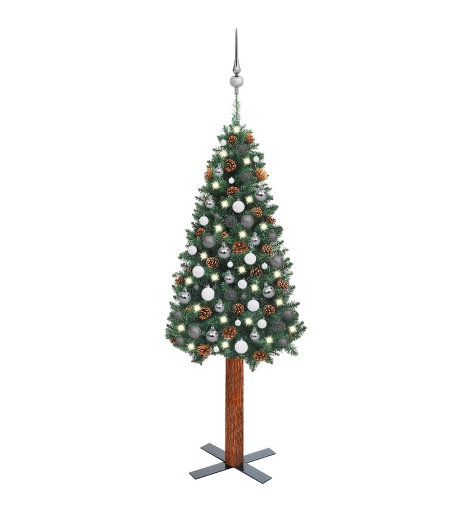 Sapin de Noël mince pré-éclairé et boules vert 150 cm PVC