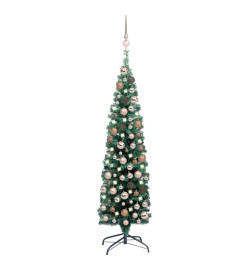 Sapin de Noël artificiel mince pré-éclairé et boules vert 120cm