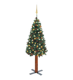 Sapin de Noël mince pré-éclairé et boules vert 150 cm