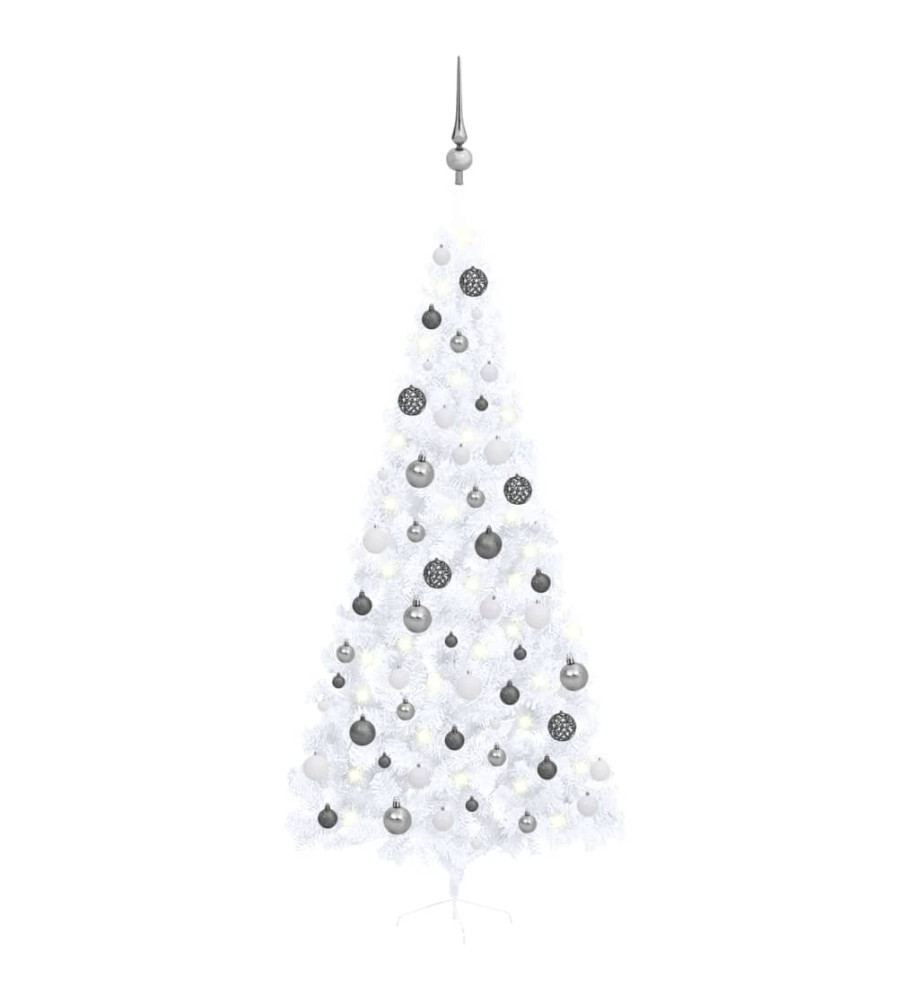 Demi-arbre de Noël artificiel pré-éclairé et boules blanc 240cm