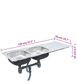 Évier double de cuisine avec crépine et piège Acier inoxydable