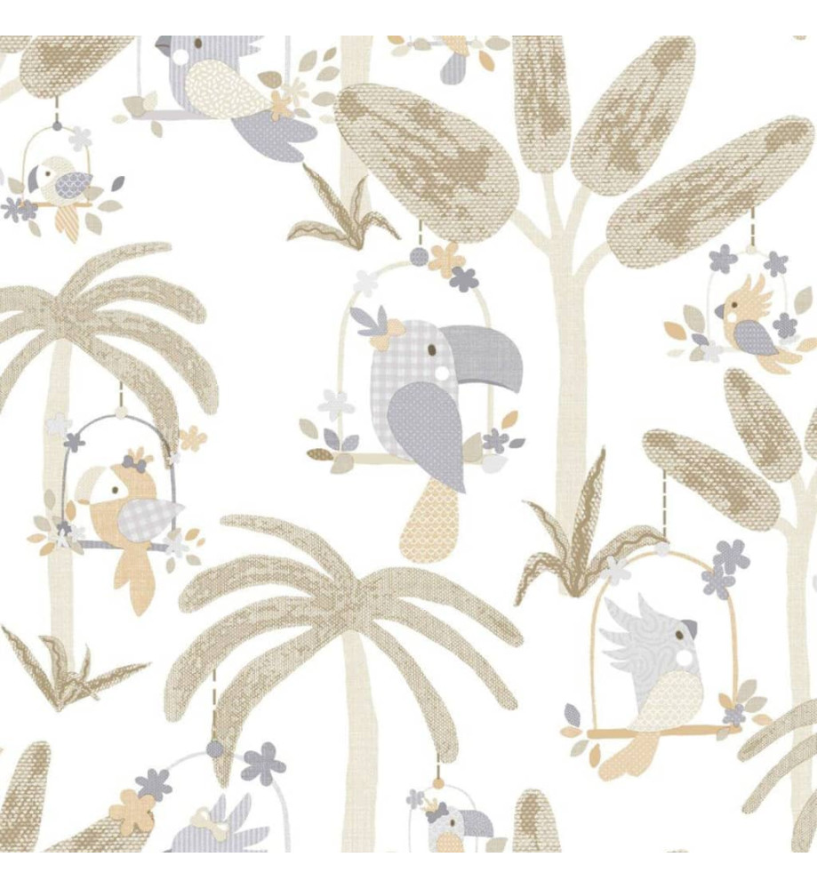 Noordwand Papier peint Mondo baby Animals Birds Trees Blanc et beige