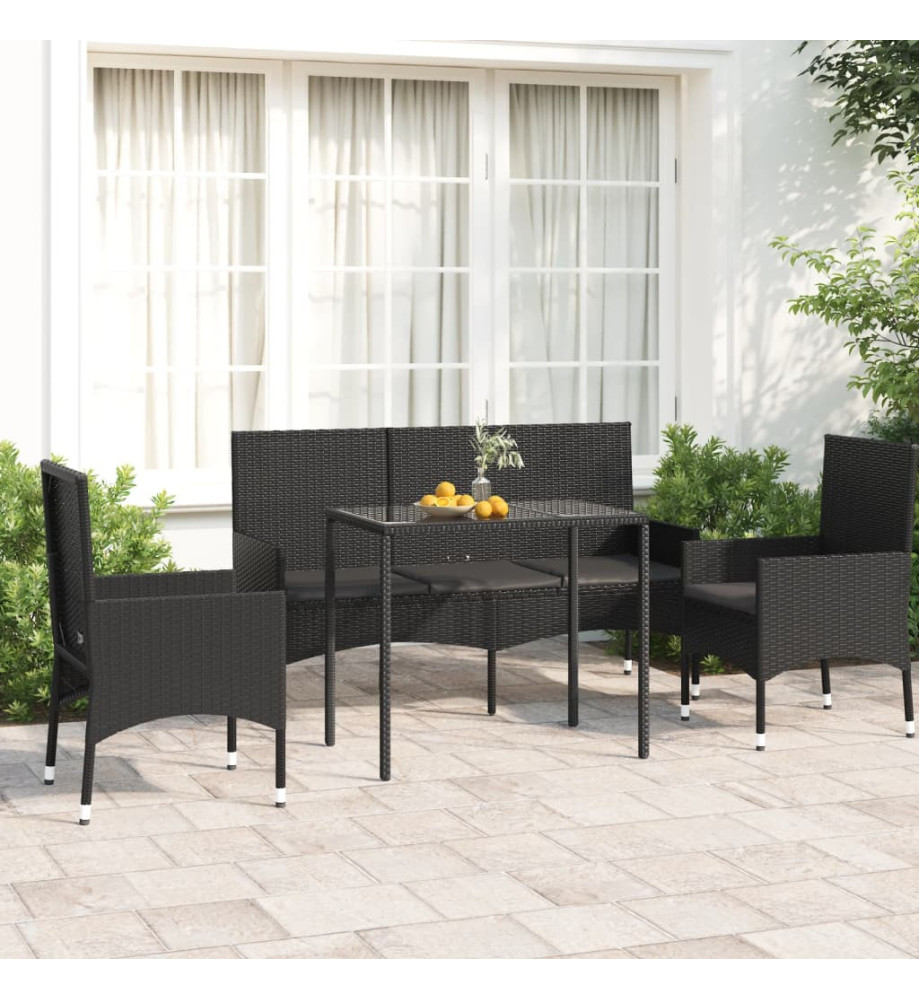 Salon de jardin 4 pcs avec coussins Noir Résine tressée