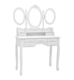 Coiffeuse avec tabouret et miroir pliable en 3 Blanc