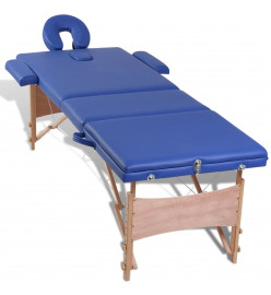 Table pliable de massage Bleu 3 zones avec cadre en bois