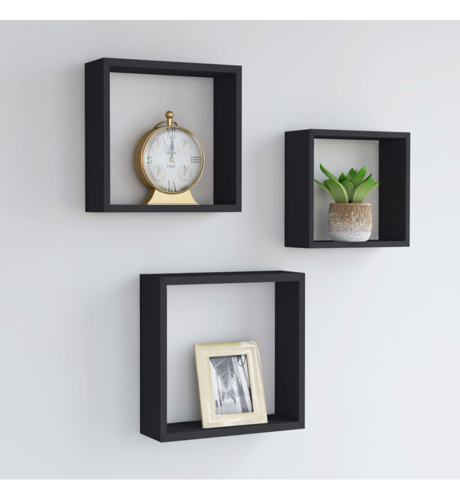 Étagères murales sous forme de cube 3 pcs Noir MDF