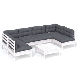 Salon de jardin 7 pcs avec coussins blanc bois de pin massif