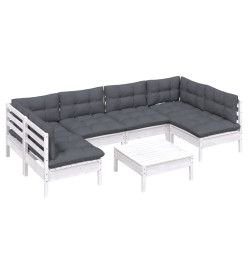 Salon de jardin 7 pcs avec coussins blanc bois de pin massif