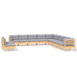 Salon de jardin 11 pcs avec coussins gris bois de pin solide