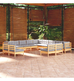 Salon de jardin 13 pcs avec coussins gris bois de pin massif