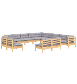 Salon de jardin 13 pcs avec coussins gris bois de pin massif
