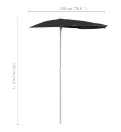 Demi-parasol de jardin avec mât 180x90 cm Noir