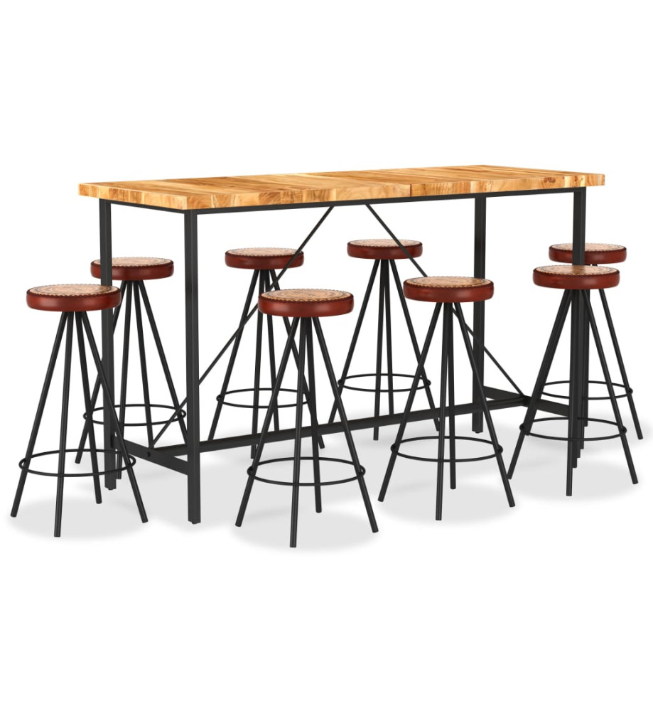 Ensemble de bar 9 pcs Bois d'acacia solide et cuir véritable