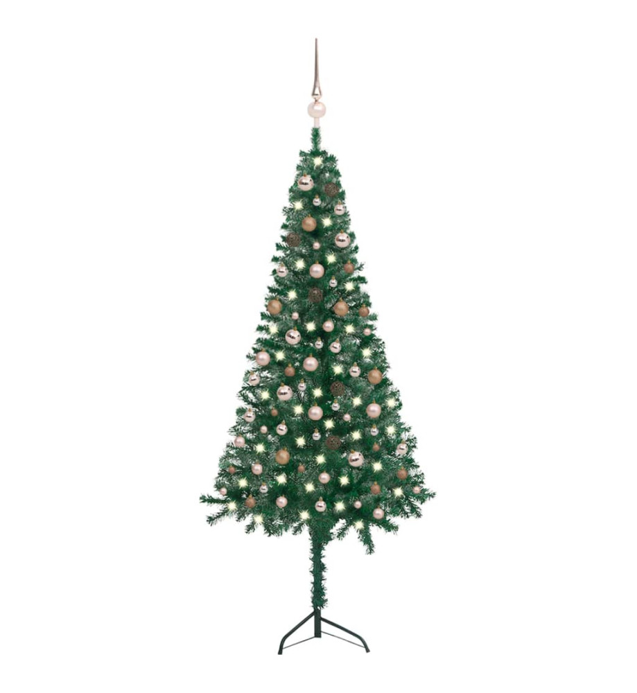 Arbre de Noël artificiel d'angle LED et boules vert 210 cm PVC