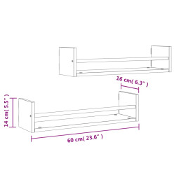 Étagères murales avec barres 2 pcs chêne marron 60x16x14 cm