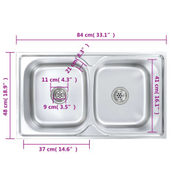 Évier double de cuisine avec crépine et piège Acier inoxydable