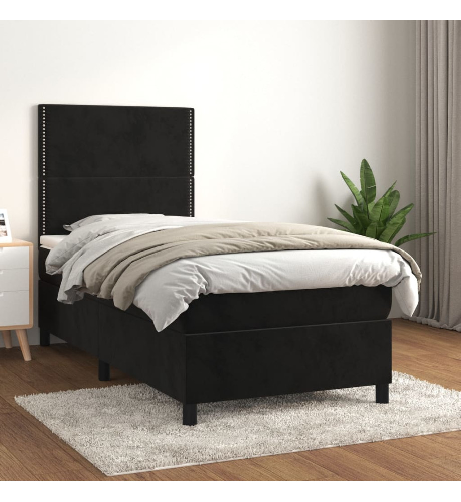 Lit à sommier tapissier avec matelas Noir 90x190 cm Velours Lit à sommier tapissier avec matelas Noir 90x190 cm Velours