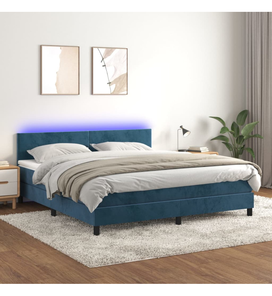 Sommier tapissier matelas et LED Bleu foncé 180x200 cm Velours Sommier tapissier matelas et LED Bleu foncé 180x200 cm Velours