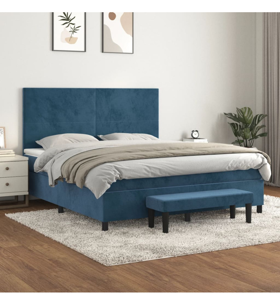 Lit à sommier tapissier et matelas Bleu foncé 160x200cm Velours Lit à sommier tapissier et matelas Bleu foncé 160x200cm Velours