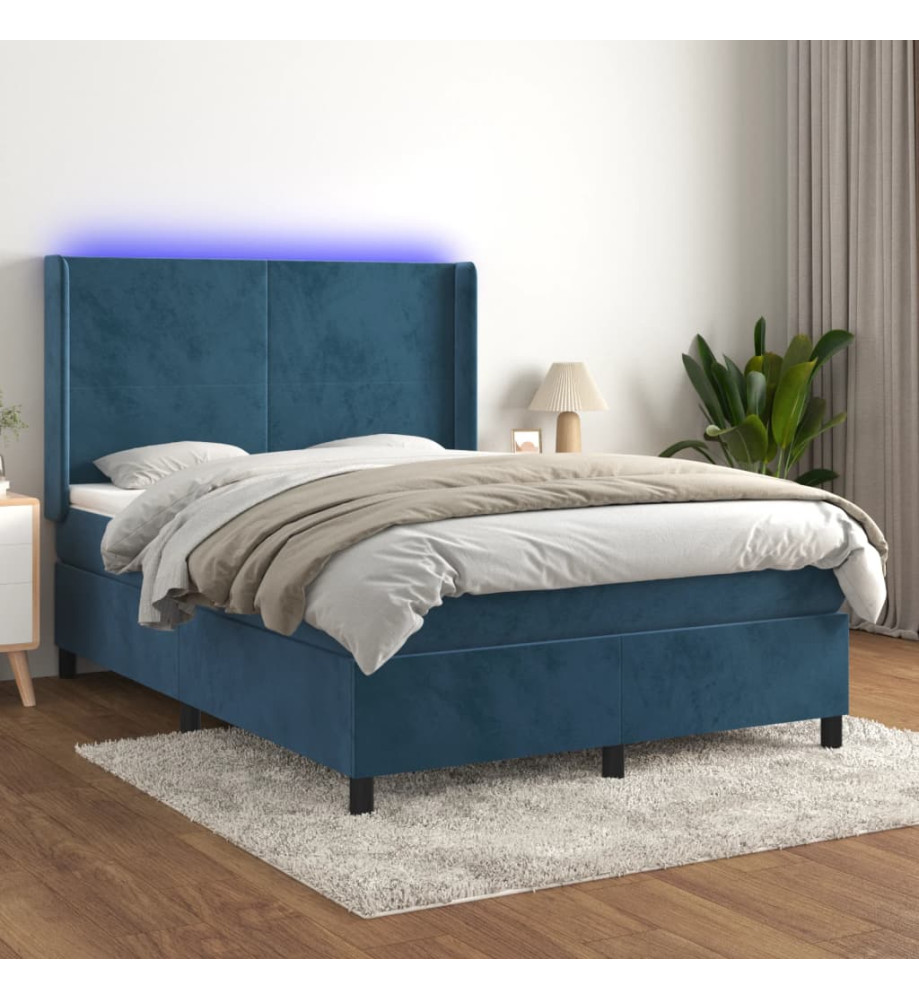 Sommier tapissier matelas et LED Bleu foncé 140x190 cm Velours Sommier tapissier matelas et LED Bleu foncé 140x190 cm Velours