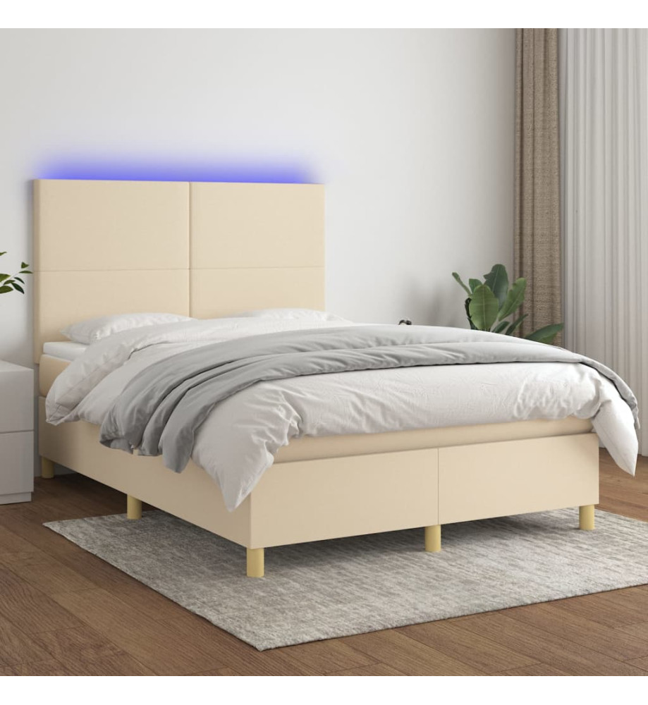 Sommier tapissier avec matelas et LED Crème 140x200 cm Tissu Sommier tapissier avec matelas et LED Crème 140x200 cm Tissu