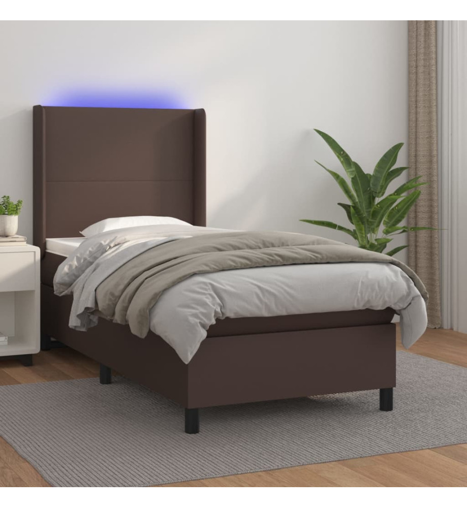 Sommier tapissier et matelas et LED Marron 100x200cm Similicuir Sommier tapissier et matelas et LED Marron 100x200cm Similicuir