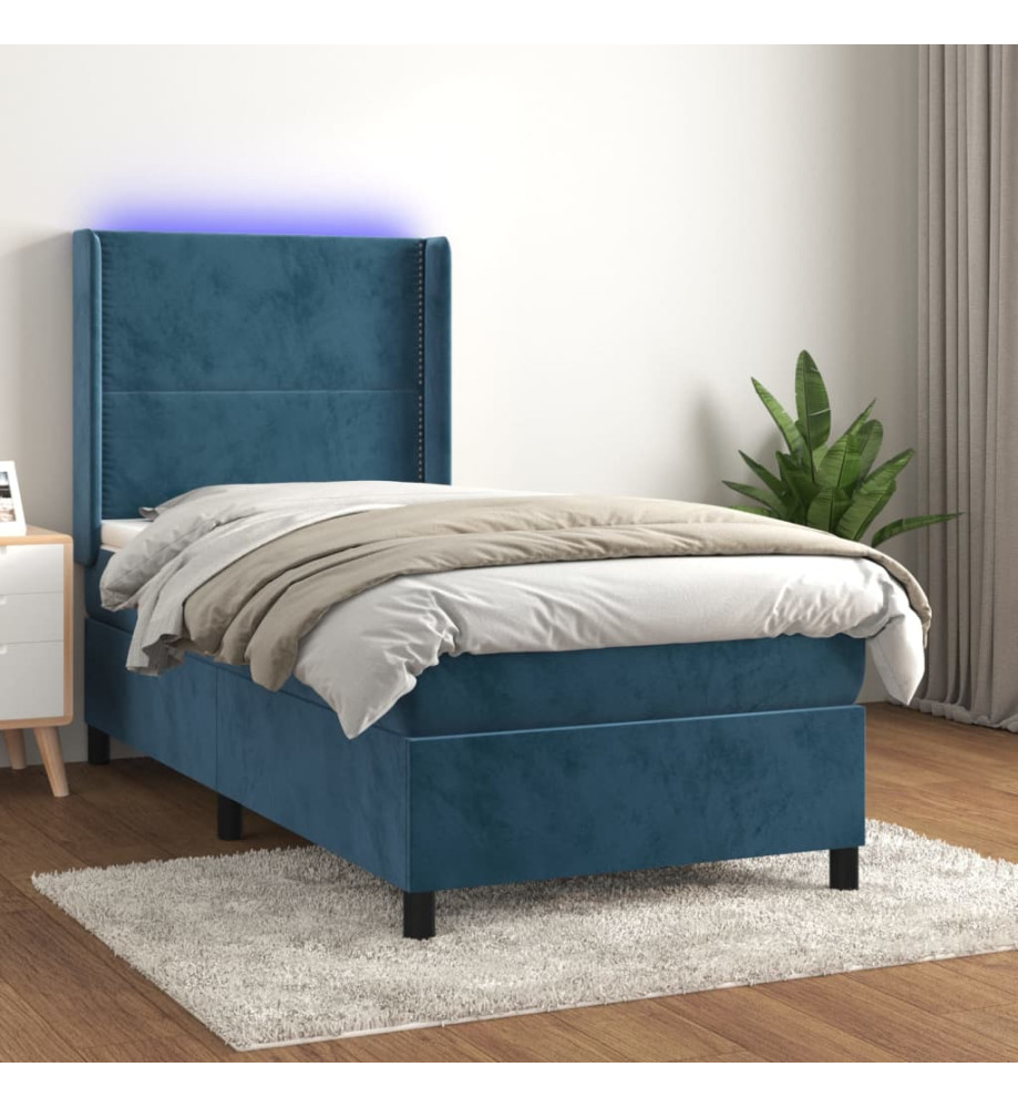 Sommier tapissier matelas et LED Bleu foncé 100x200 cm Velours Sommier tapissier matelas et LED Bleu foncé 100x200 cm Velours