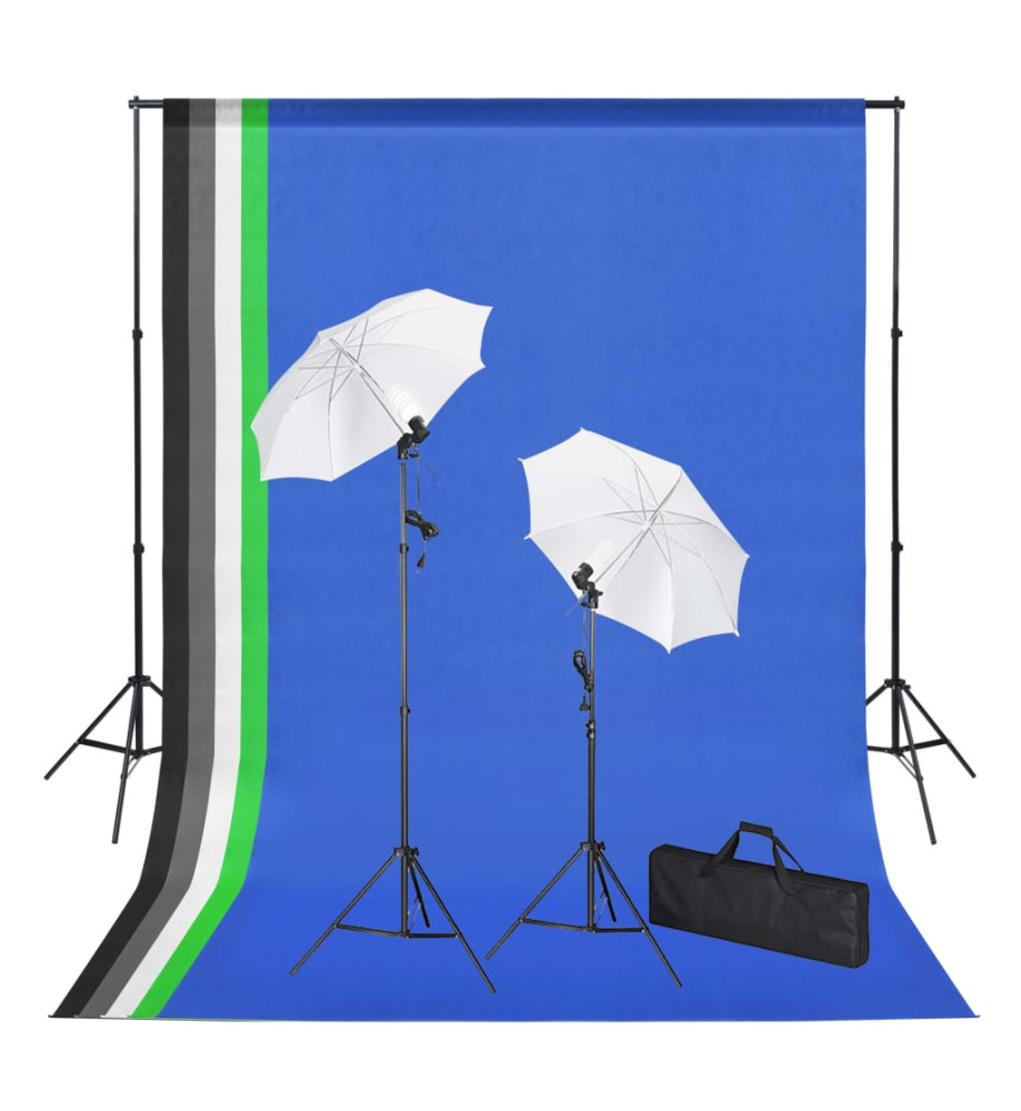 Kit de studio photo avec toiles de fond, lampes et parapluies