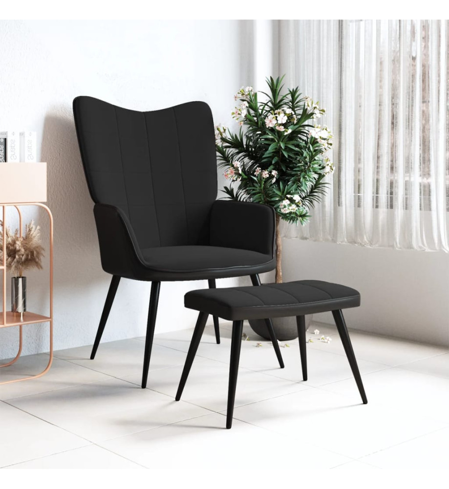 Chaise de relaxation avec repose-pied Noir Velours et PVC